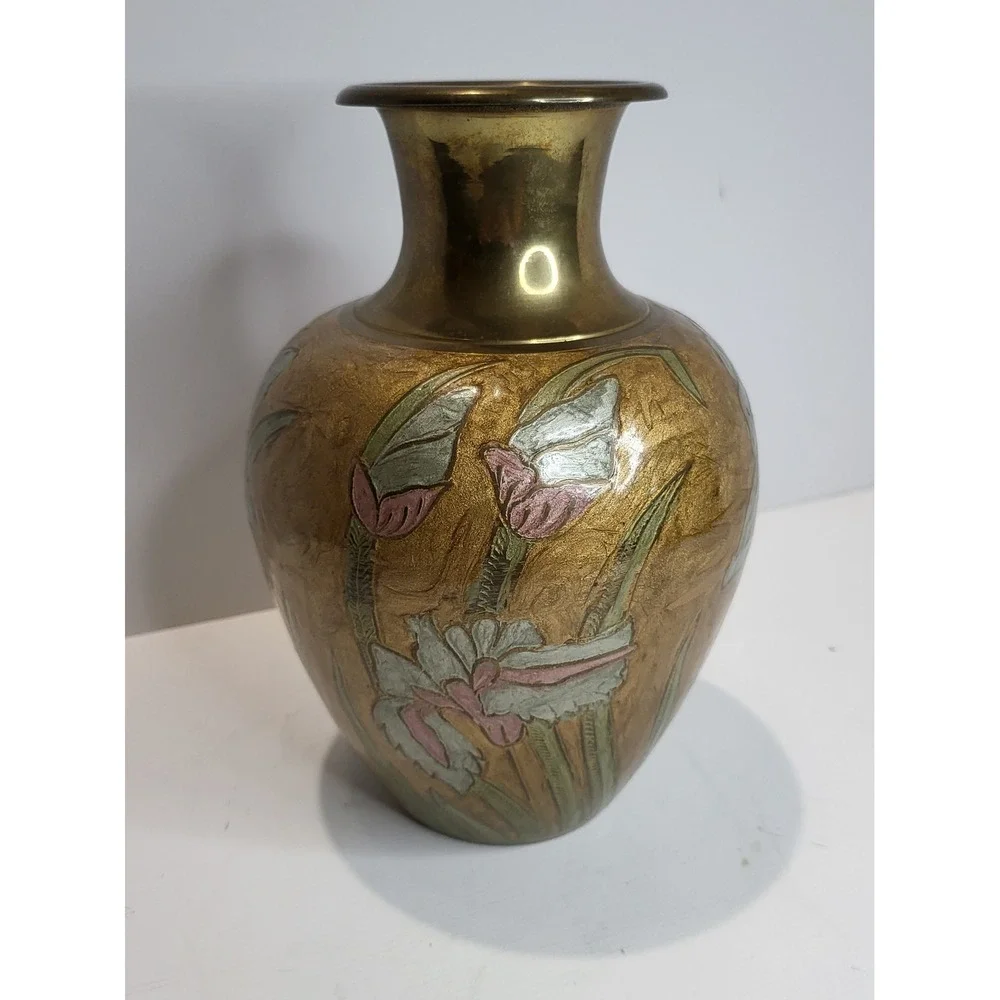 Vintage Brass Floral Vase Hand Painted Enamel Etched Made in India Boho Decor